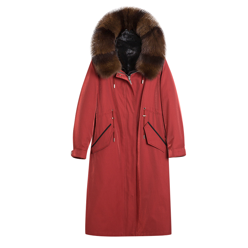 雷公館 派克服女皮草冬季新品中長款貂皮內(nèi)膽可拆卸大衣狐貍毛領(lǐng)女裝 紅色 L