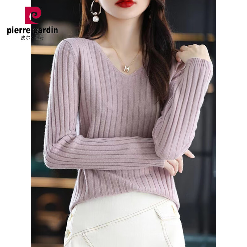 皮尔卡丹（pierre cardin）正肩显瘦粉紫色v领针织衫女春秋别致绝美软糯内搭毛衣打底衫上衣 粉紫色软糯糯/小衫减龄/长袖/轻熟风/名媛/欧美/ S (80-95斤)