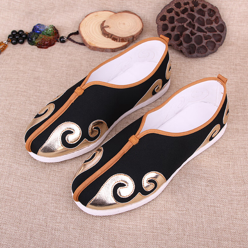 妍姝閣老北京布鞋男云頭道士灑鞋手工千層底中國風(fēng)潮鞋休閑男布鞋純手工 金色云頭【單鞋】 37