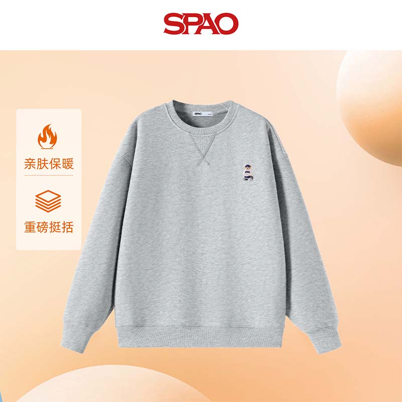 SPAO时尚三角罗纹圆领卫衣男女2025秋季加厚加绒保暖上衣SPWY25SY13XY 灰#SP象牙熊-贴布绣 L