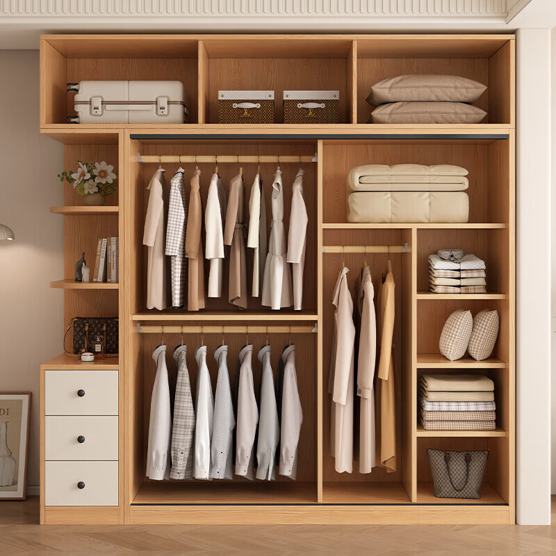 清逸【免费安装】衣柜卧室推拉门实木质多门储物衣橱原木简易大衣柜 【三门】200厘米主柜+顶柜+边柜