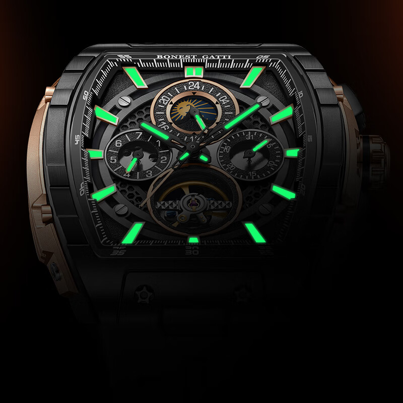 布加迪（BONEST GATTI）德国表全自动机械表镂空手表夜光男士腕表新年情人节礼物送男友 BG5005-R3黑壳黑面黑胶带