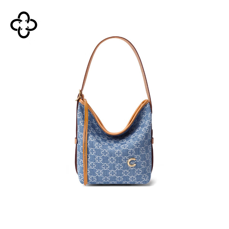 CASSILE卡思樂(lè )時(shí)尚磁扣丹寧馬甲托特包青年百搭大容量斜挎包單肩包 小水桶-牛仔藍-花料