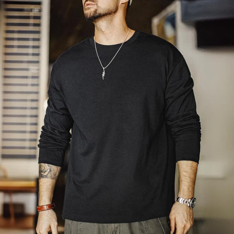 马登工装新疆纯棉长袖T恤男春7A抑菌打底衫圆领白色重磅男士体恤新款 黑色 【男士上衣/圆领卫衣/衣服内搭/送爸爸礼物】 L