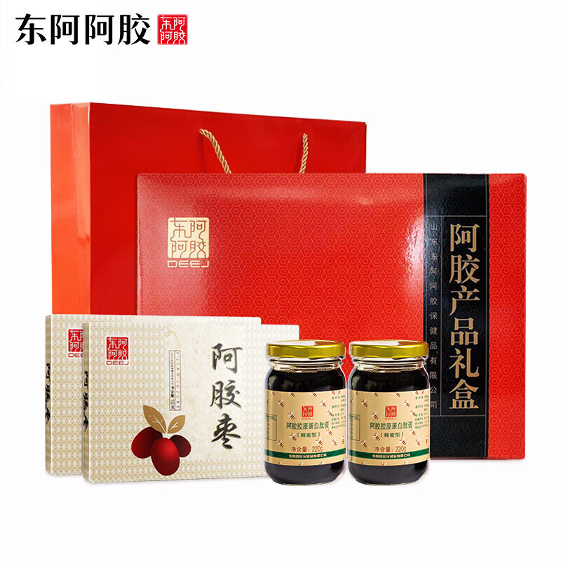 东阿阿胶官方授权阿胶礼盒胶原蛋白肽蜂蜜膏4瓶+阿胶枣2袋 送长辈礼品营养 阿胶蜂蜜膏 220g*4瓶 阿胶枣礼盒