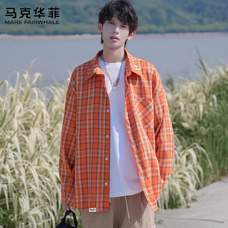 马克华菲(MARK FAIRWHALE)美式复古休闲长袖衬衫男士2026秋季新款宽松百搭潮牌运动高端上衣 橘色 【秋季新品】 L 【建议110-130斤】