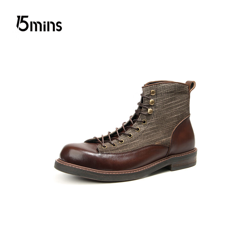 15分钟男士短脸马丁靴英伦风高帮牛皮拼接休闲复古短靴机车男靴 棕布 43
