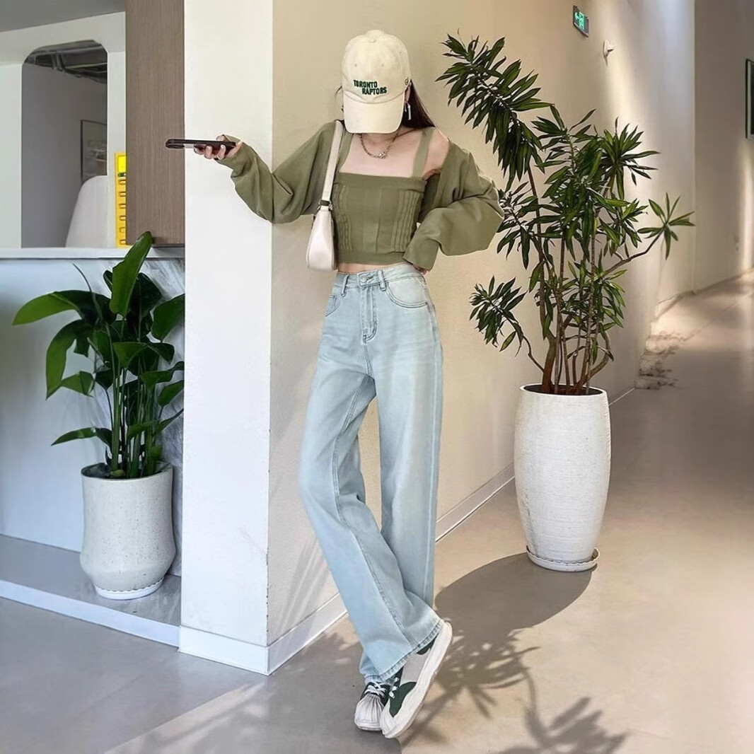 燠阳韩版字母刺绣直筒牛仔裤女2025年新款夏季薄款高腰宽松阔腿裤DM 2060浅蓝色 XL 【118-128斤】