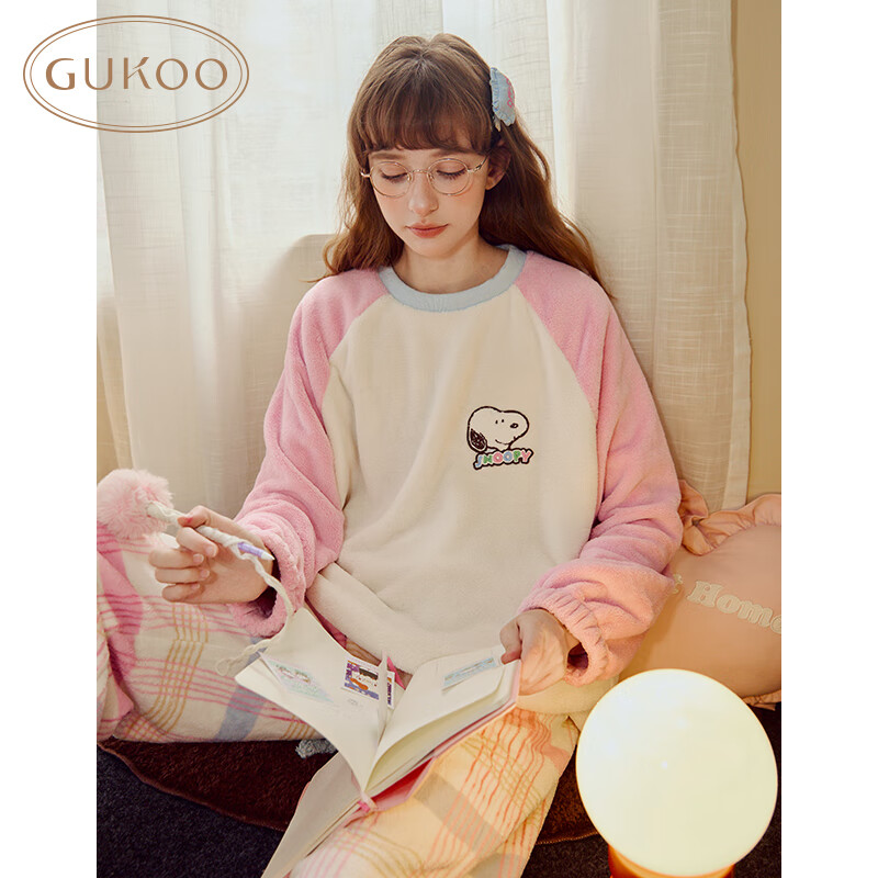 果壳（Gukoo）睡衣女冬季史努比联名毛绒保暖插肩袖格子裤女家居服套装可外穿D 橡皮粉套装 M