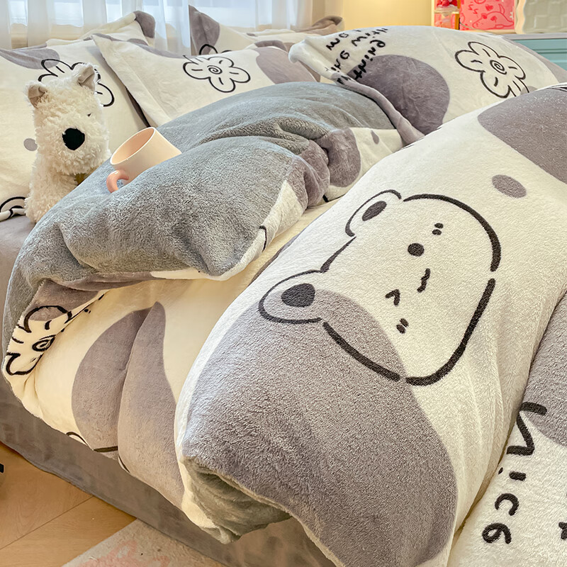 苏萱冬季卡通牛奶绒床上四件套双面加绒珊瑚绒被套儿童床单床品三件套 斑点熊 2.0m 床单款 四件套-被套220x240cm