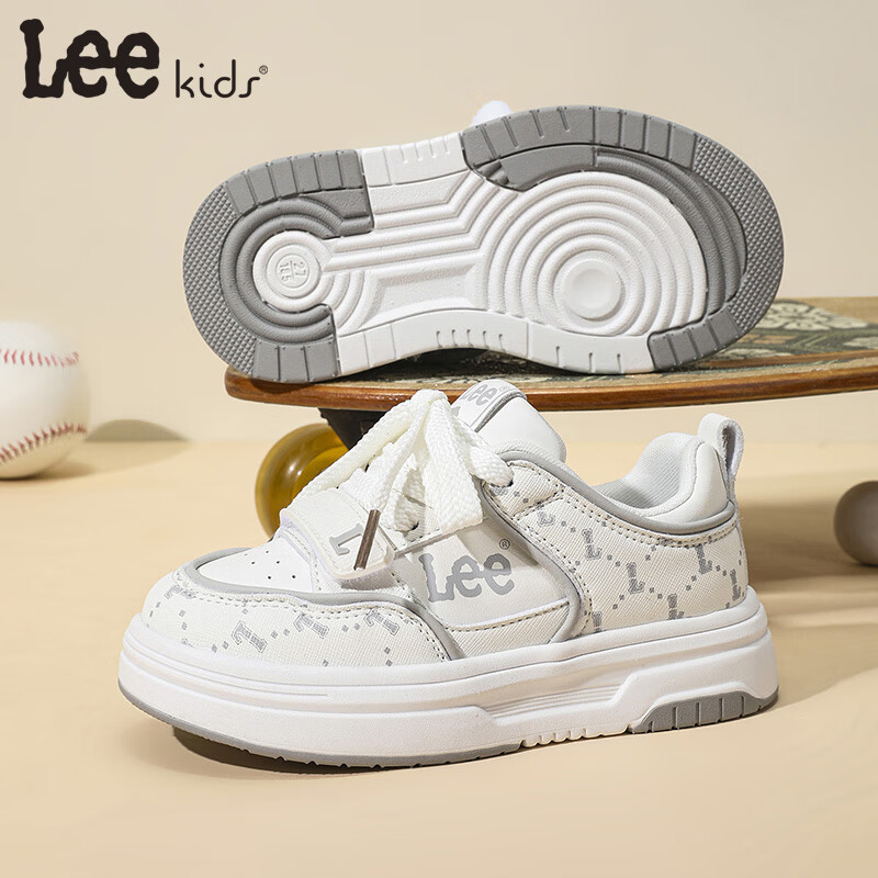 Lee童鞋儿童运动鞋【魔术贴小白鞋】春季校园透气男女童休闲板鞋 米白 28 【建议脚长174mm】