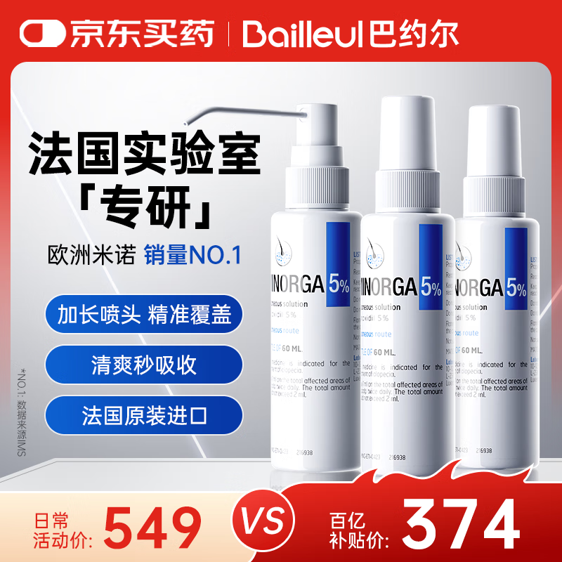 巴约尔（BAILLEUL）法国小白管米诺地尔酊5%浓度生发液防脱发育搽剂 60ml*3瓶 【第二代米诺】清爽不油腻