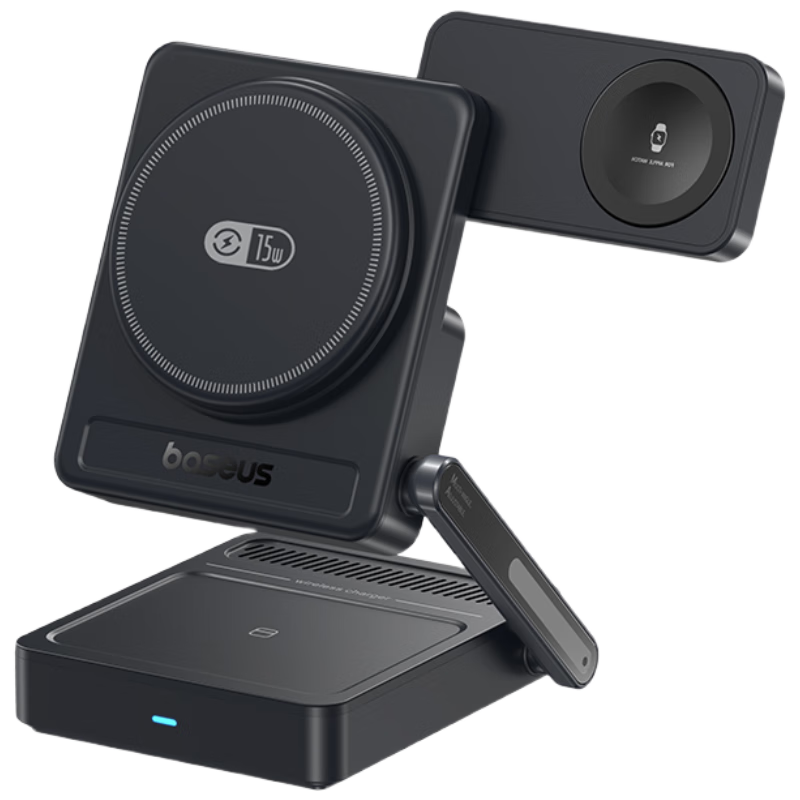 倍思蘋果便攜無線充電器35W三合一立式手機支架magsafe磁吸適用iPhone17/16promax/iwatch手表耳機