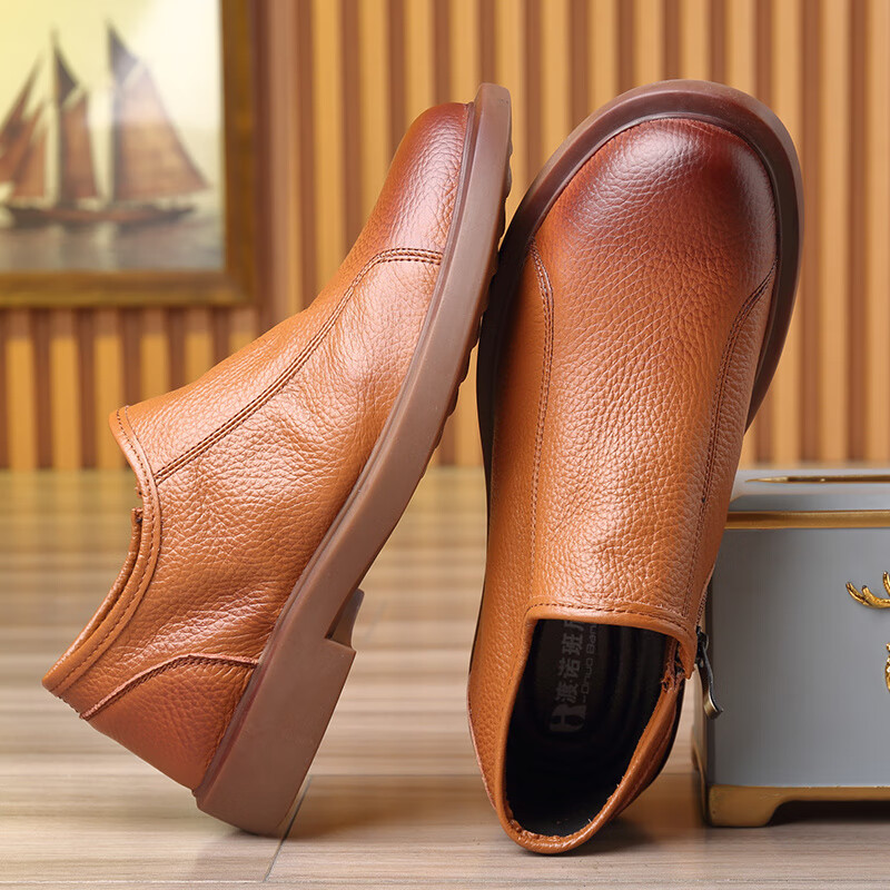 渡诺班尼皮鞋男夏季透气单层男鞋一脚蹬牛筋软底中年爸爸皮鞋 黑色_16068单层 45