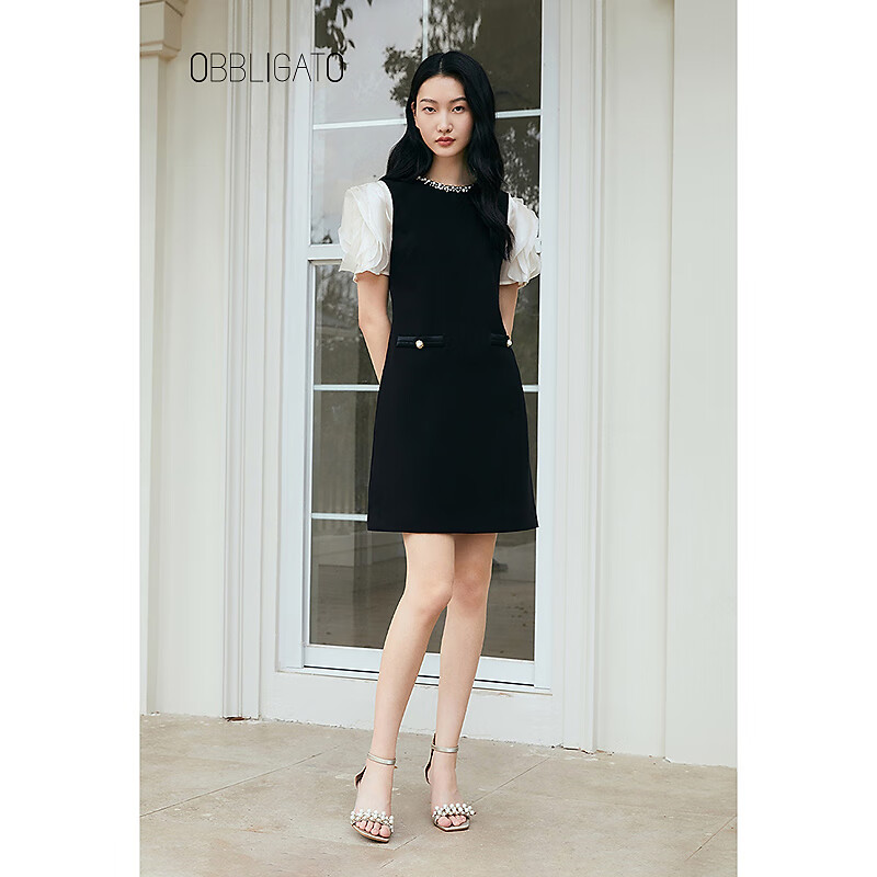 OBBLIGATO奥丽嘉朵2025夏季新款专选圆领钉珠荷叶边撞色拼接连衣裙 黑色 M