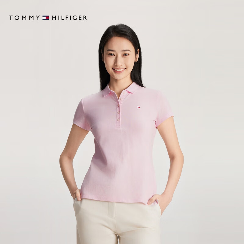 Tommy Hilfiger【五粒扣】春夏季女装珠地网眼休闲纯色条纹修身短袖T恤POLO衫