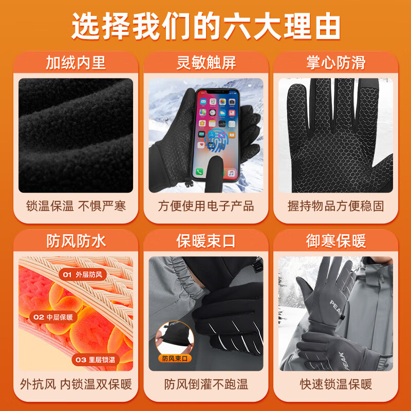 匹克保暖手套冬季骑行加绒加厚电动车摩托车防水防寒手套男女款可触屏 加绒防风触屏【保暖束口】黑色 升级加厚加绒/零下抗寒