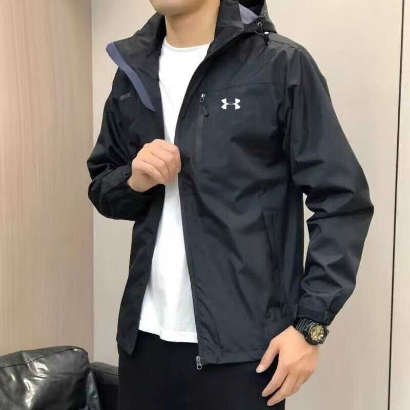安德玛（Under Armour）UA薄款冲锋衣夹克男士春秋户外连帽可拆卸帽运动防风登山外套 黑色-春秋款 可拆卸帽 2XL