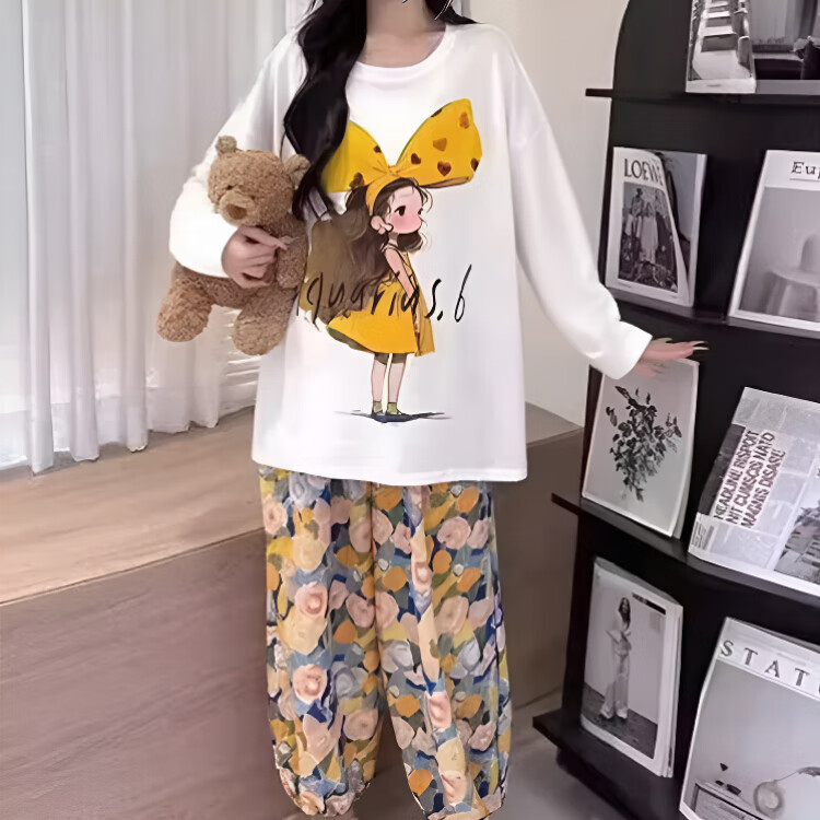 雅鹿睡衣女春秋长袖薄款带胸垫卡通家居服套装长袖长裤可爱学生云朵 H2231双长-花卉蝴蝶结女孩(黄) M 【70-85斤】