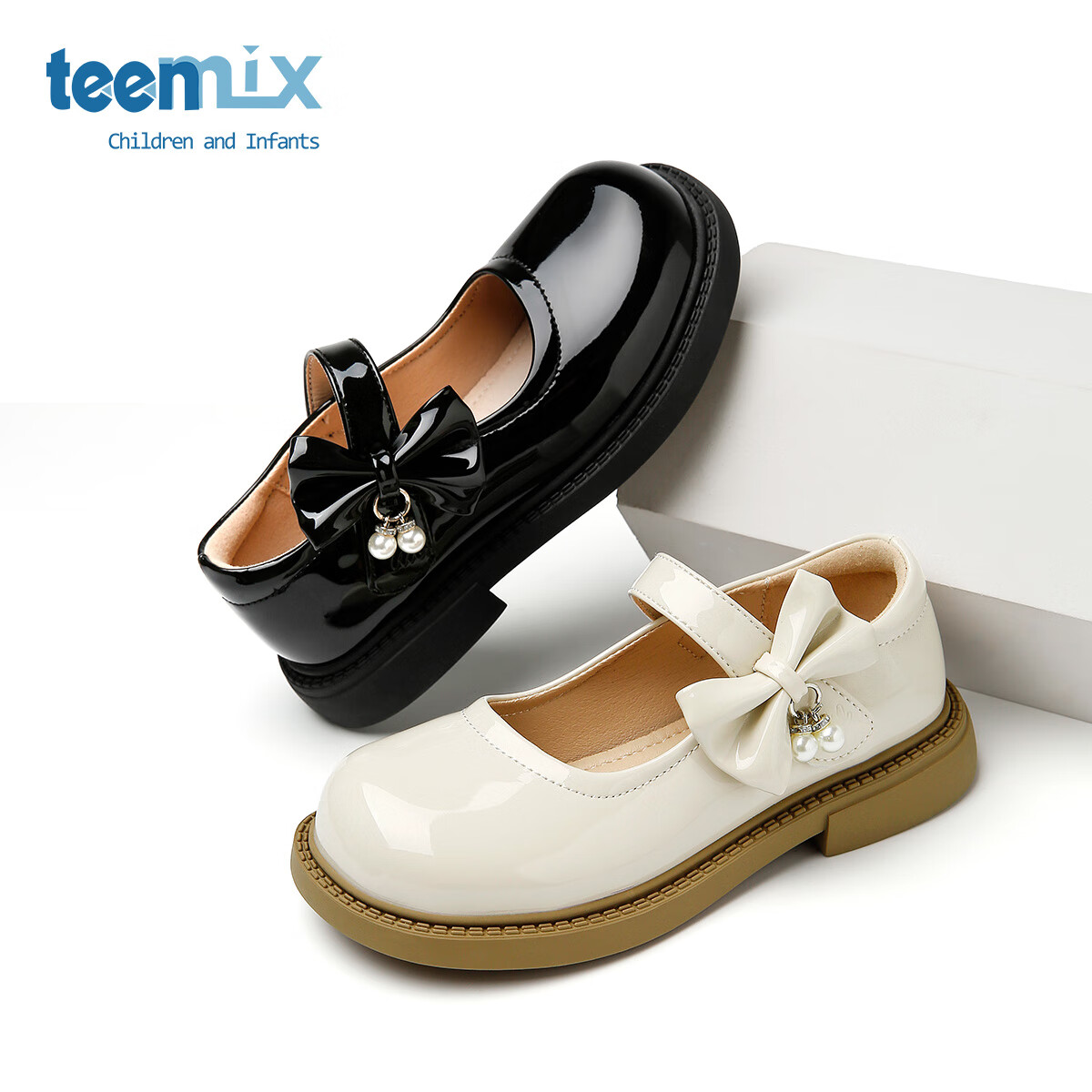 天美意天美意儿童2025秋季新款女童中大童软底女孩时尚百搭蝴蝶结小皮鞋 黑色 35