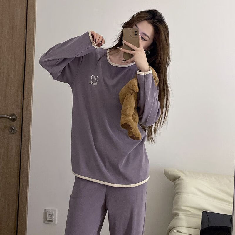 巴洛莲 BORORAM秋冬季新款睡衣女德绒保暖打底简约长袖套头可外穿休闲家居服套装 CF911棕色米奇 M 建议80-100斤