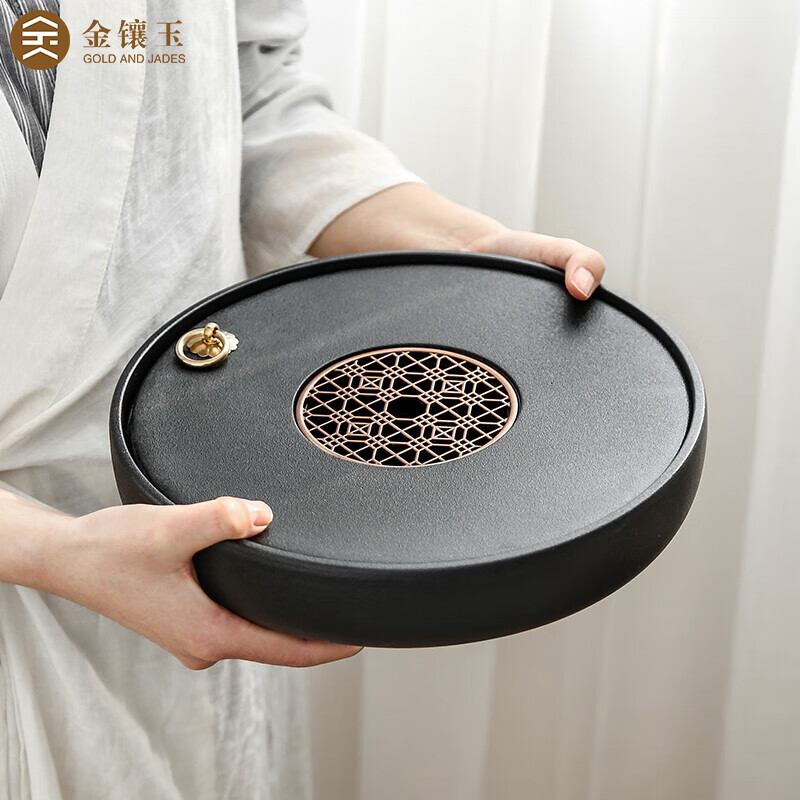 金鑲玉2025新款速干吸水茶盤家用客廳干泡臺陶瓷石頭圓形瀝水盤 陶瓷雙圓茶盤25*5cm