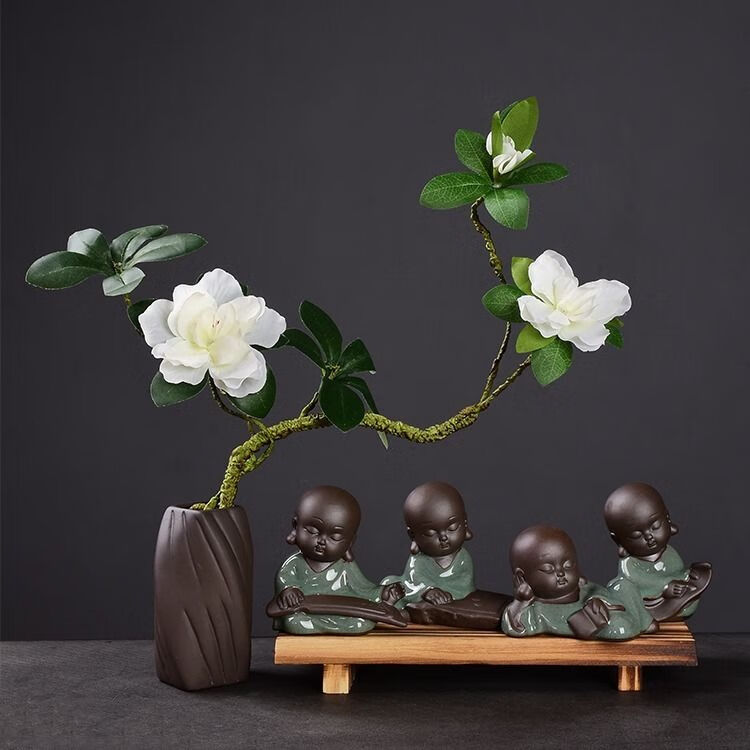 OYKTN创意紫砂禅意小和尚茶宠摆件花插家居桌面根艺客厅装饰品茶道配件 一个小沙弥-悠+花瓶+底座+仿真花