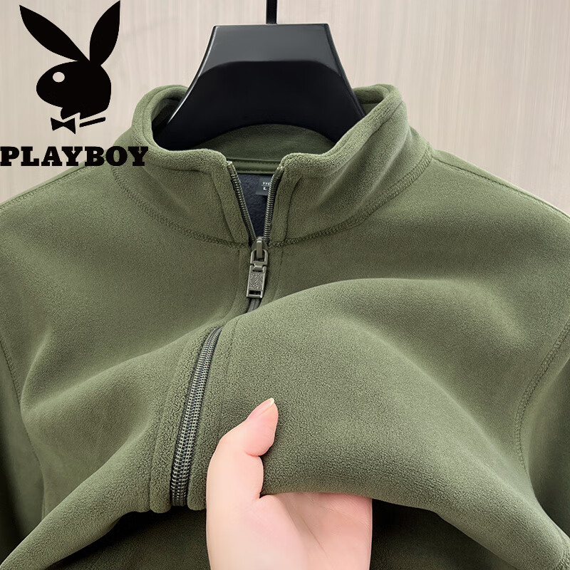 花花公子(PLAYBOY)摇粒绒加厚开衫卫衣男立领秋冬季奥粒绒外套男保暖抓衣绒外穿 黑色 -Y605 加绒 L 170 115-135斤