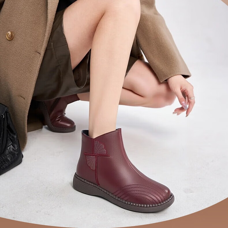 泰和源老北京布鞋短靴女防滑冬季防滑牛筋底加绒加厚保暖高帮妈妈鞋棉鞋 红色 40