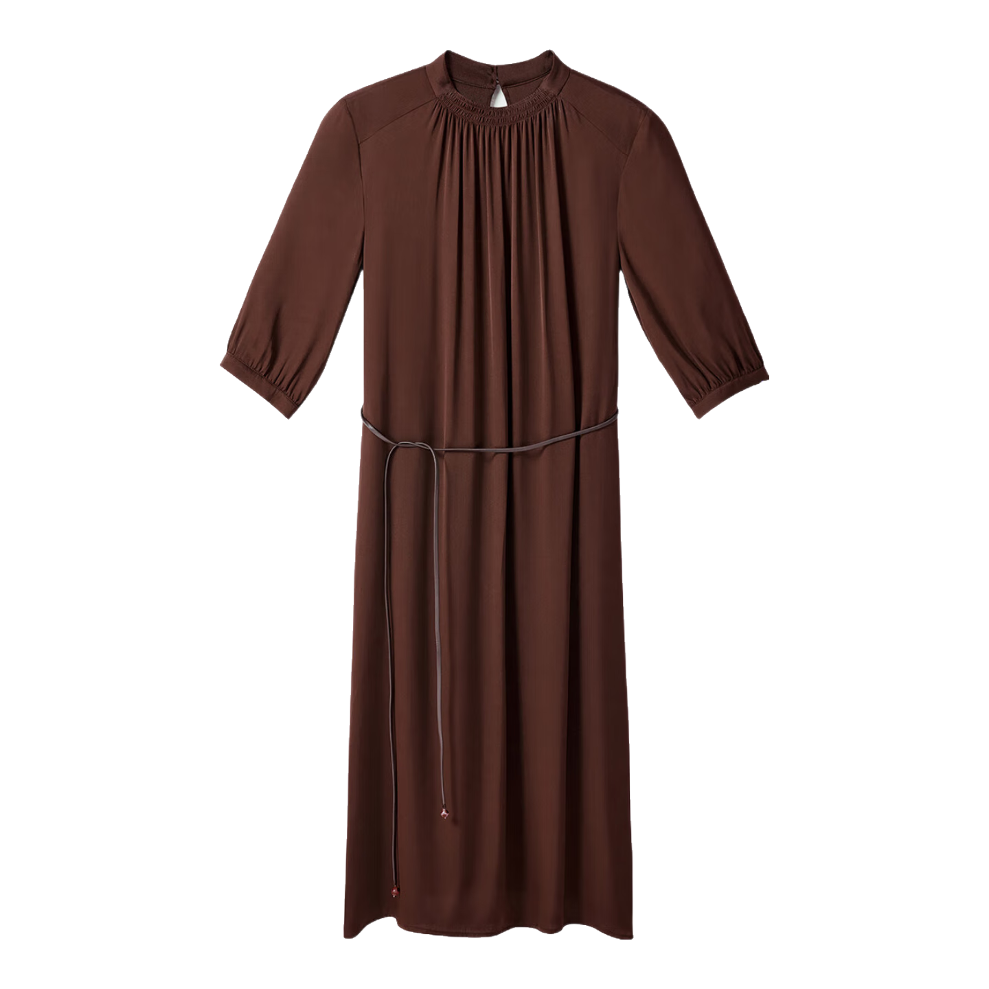 皮皮狗25秋季新款 圆领七分袖桑蚕丝系带连衣裙休闲通勤中长裙 348摩卡棕 M 160/84A