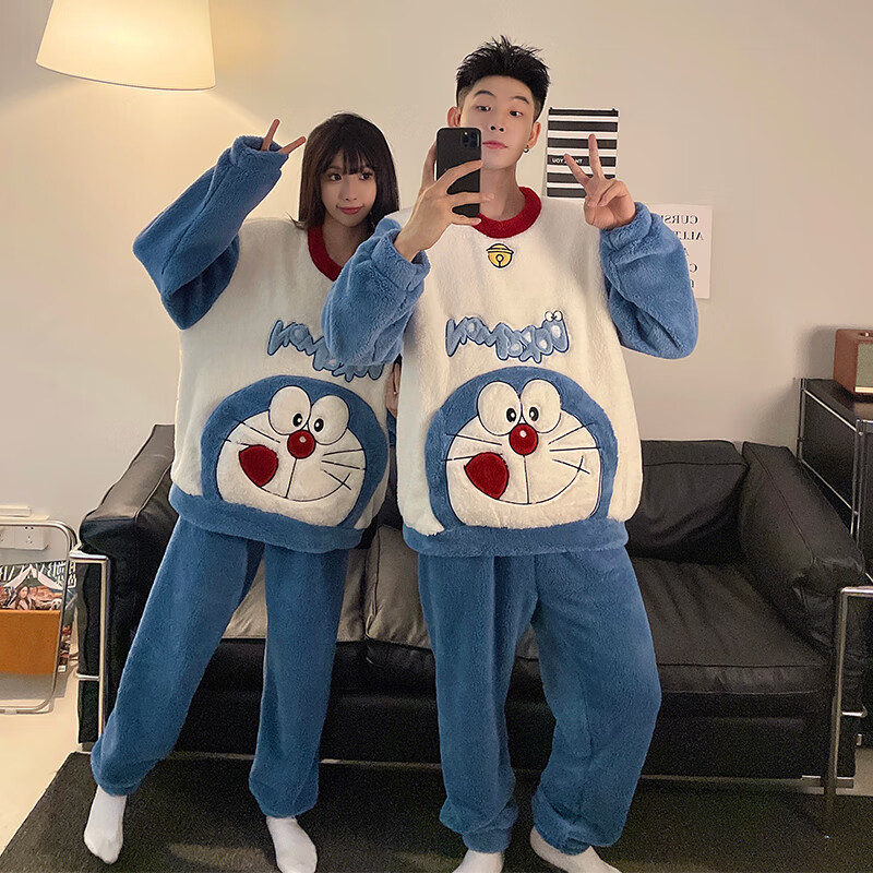 萧淑妃冬季加厚保暖法兰绒情侣睡衣卡通原创哆啦A梦珊瑚绒家居服套装 哆啦A梦 XL 男生