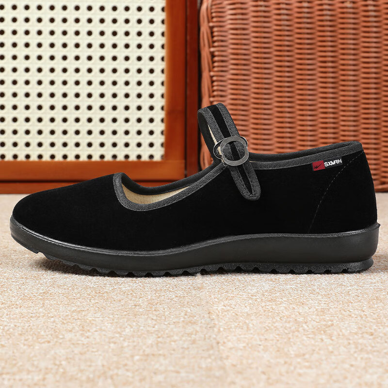 双星八特老北京布鞋女平绒一字带舒适妈妈鞋舞蹈防滑软底平底鞋酒店工作鞋 黑色 36