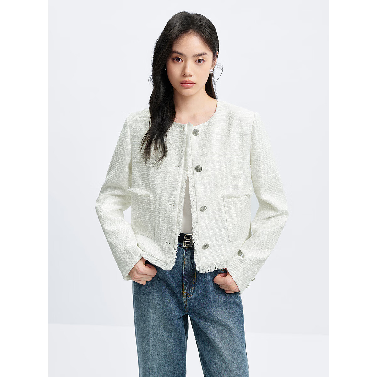 太平鸟秋冬外套集合链接新款女装小香风机车服PU外套冬装夹克 小香风外套白色 M