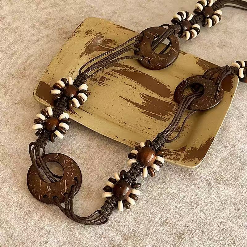 新款手工编织腰链女民族风铃铛腰带女装饰配饰汉服腰绳 黑色椰壳腰链 170cm