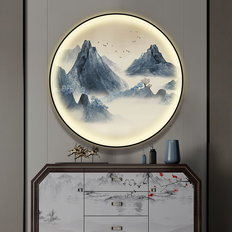 新玄关入户装饰画茶室带灯画圆形山水画客厅风景画走廊中式晶瓷画 a
