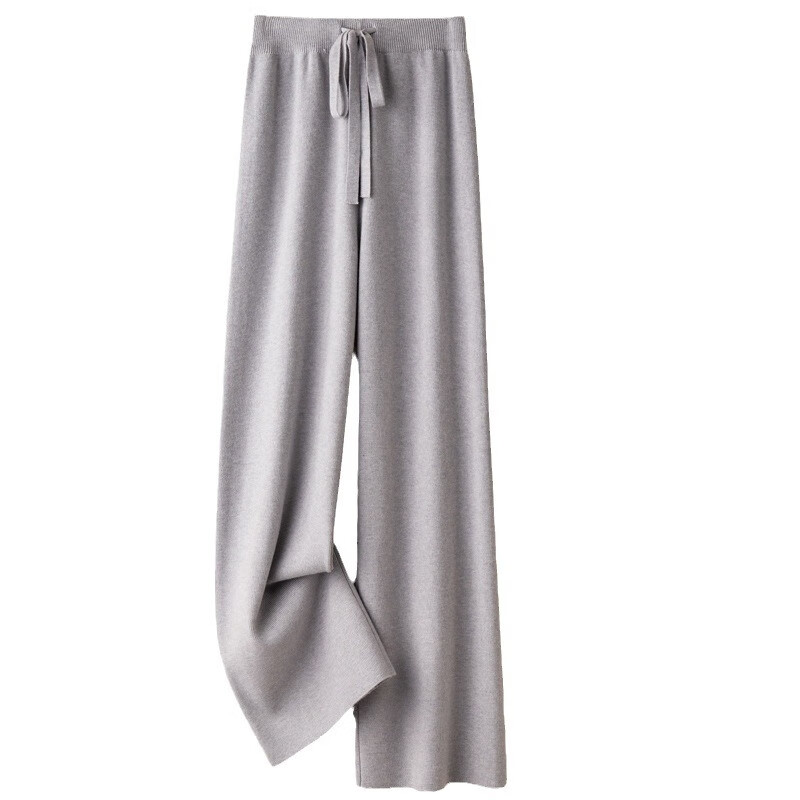 FOURDATRY秋季新款松紧高腰垂感显瘦羊毛休闲针织裤直筒阔腿裤百搭女款外穿 浅驼色 XL