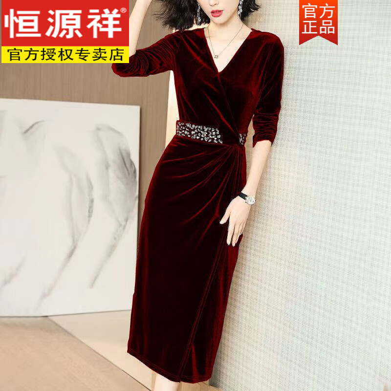 恒源祥时尚酒红色金丝绒镶钻连衣裙2025新款打底包臀裙修身显瘦旗袍裙女 酒红色 L 建议90-105斤