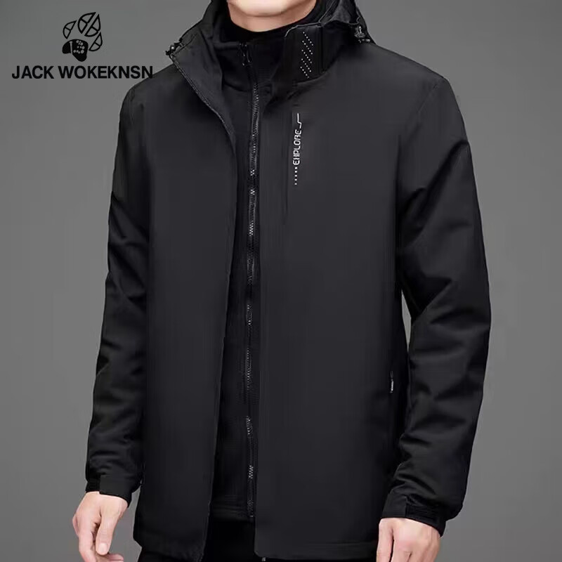 JACK WOKEKNSN狼爪云冲锋衣男三合一内胆可拆卸秋冬加厚户外防风防水登山服外套 黑色 XL/【推荐125-140斤】