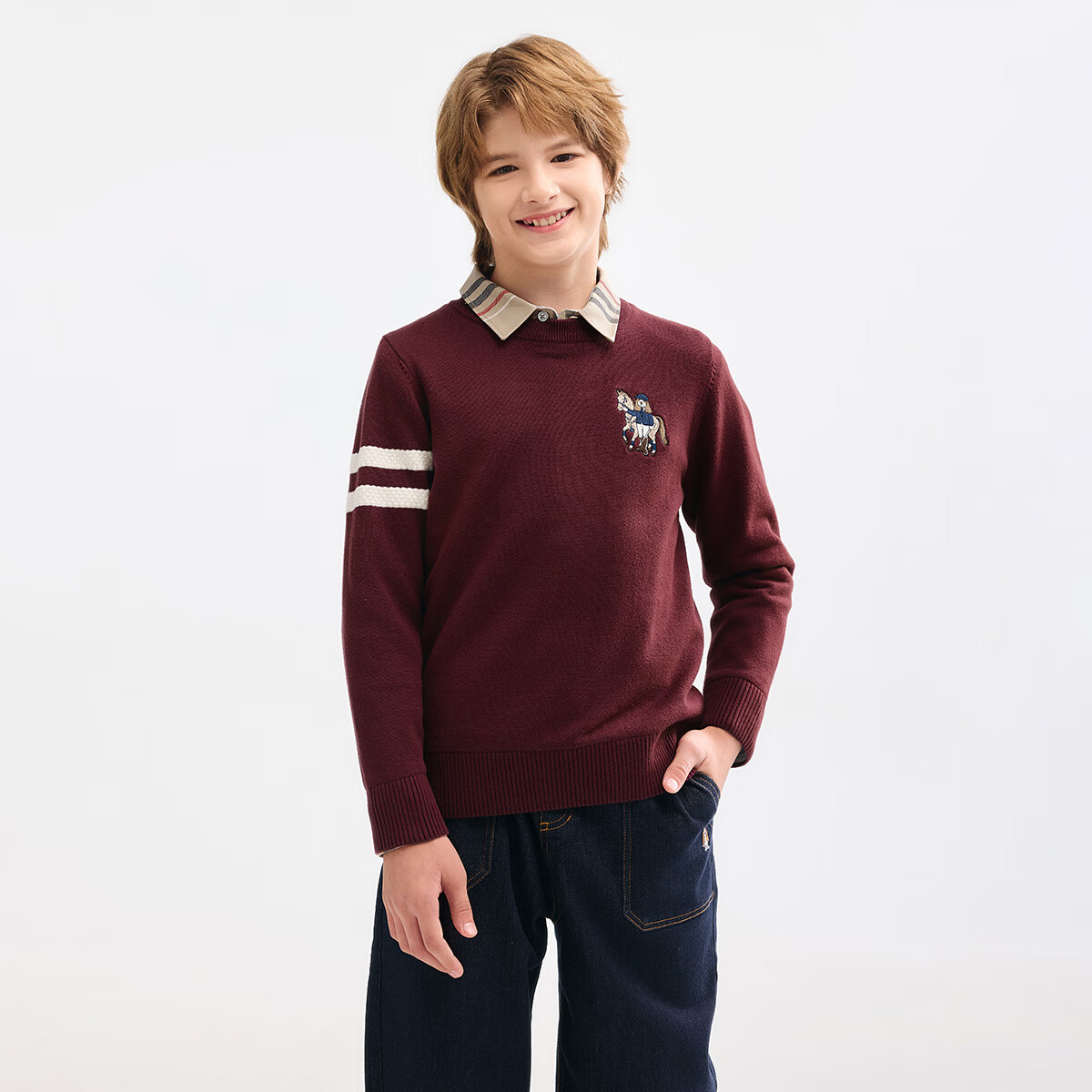 暇步士(Hush Puppies)童装儿童男大童冬季新款舒适柔软休闲文艺百搭套头线衣 波尔多红 140 cm