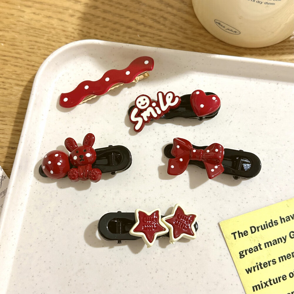 加恩倍可爱波点蝴蝶结发夹少女清新甜美百搭鸭嘴夹侧边刘海边夹发卡发饰 红色小猫5件套