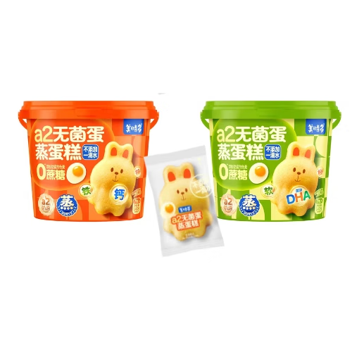 美时多蛋蒸蛋糕蔗糖0添加钙铁锌DHA宝宝零食早餐代餐桶装 小兔子造型蛋糕各1桶(共2桶) 132g 140g