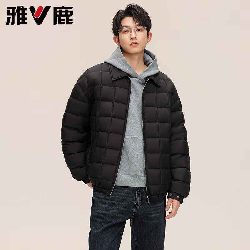 雅鹿衬衫领轻薄羽绒服男2025新款情侣翻领轻暖时尚百搭90鸭绒保暖外套 黑色 2XL /185【推荐160-180斤】