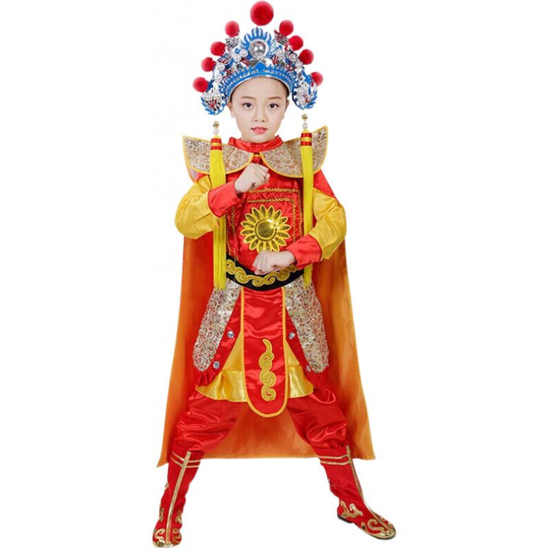 桔子悅 兒童古裝花木蘭戲曲表演服裝女孩穆桂英掛帥戲服旦演出服小花旦 紅球流蘇全套(頭飾+衣服+靴子) 90cm