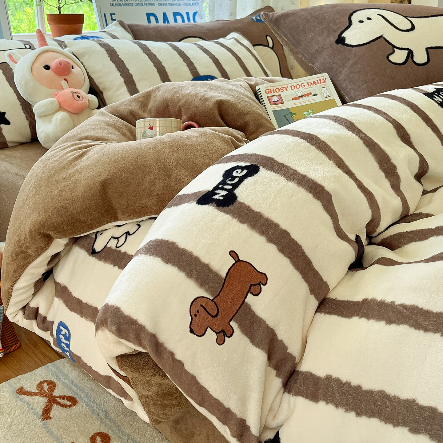 苏萱冬季卡通牛奶绒床上四件套双面加绒珊瑚绒被套儿童床单床品三件套 幸运狗 1.8m 床单款 四件套-被套200x230cm