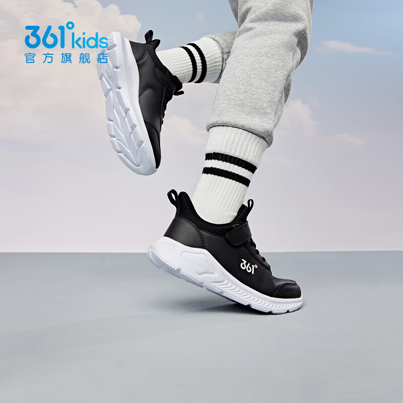 361°儿童运动鞋男童跑鞋秋冬密网轻便魔术贴女童皮革加绒保暖运动鞋 【皮革】碳黑/361度白 39