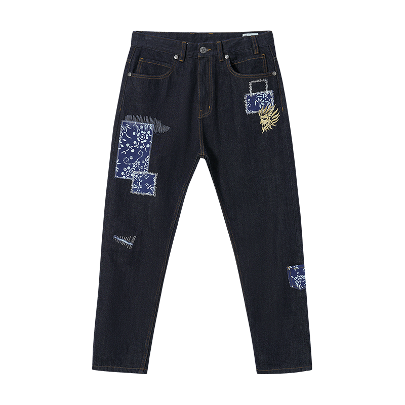 鬼洗25秋季新款 非遺藍染牛仔褲男花布補丁貼布亂針刺繡全棉 25B4447 藍黑色 79 30 (165)
