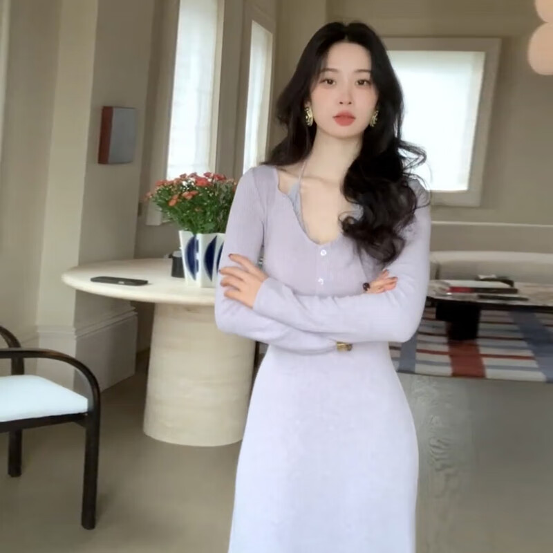 CXXPO紫色长袖针织v领连衣裙子女秋季2025新款气质巨好看修身包臀长裙 紫色出席重要场合的裙子长袖巨好看连衣裙小个子连身裙 S 4045kg
