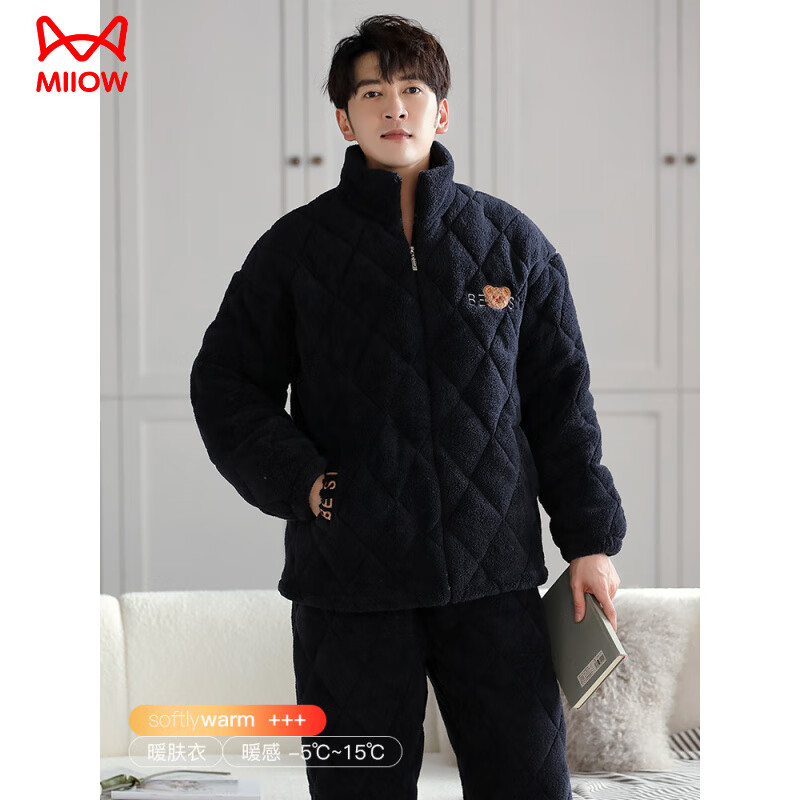 猫人（MiiOW）睡衣男秋冬季加绒加厚2025新款珊瑚绒保暖三层夹棉家居服套装 暗黑色 【三层加厚·蓄热保暖】 XL 【130-150斤】