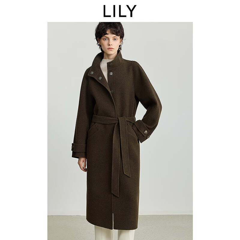 LILY100%美丽诺羊毛2025冬新款女装老钱风轻量双面呢毛呢大衣外套 308橄榄绿 M