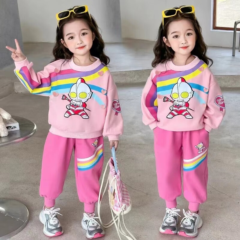 G.duck小黄鸭女童奥特曼发光春秋套装迪迦小女孩长袖衣服带灯运动两件套 【2件套】1766*粉色 100 码建议身高90-100cm